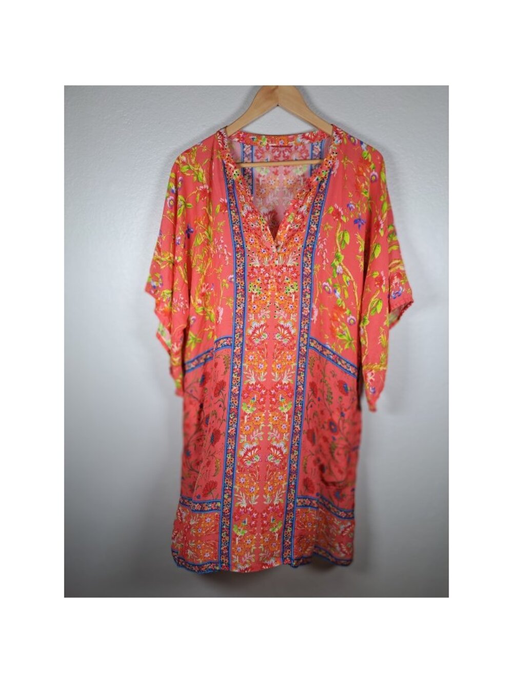 Ruby Yaya Floral Beaded Tunic Dress Coral Pink Boho Viscose Kimono Sleeve M